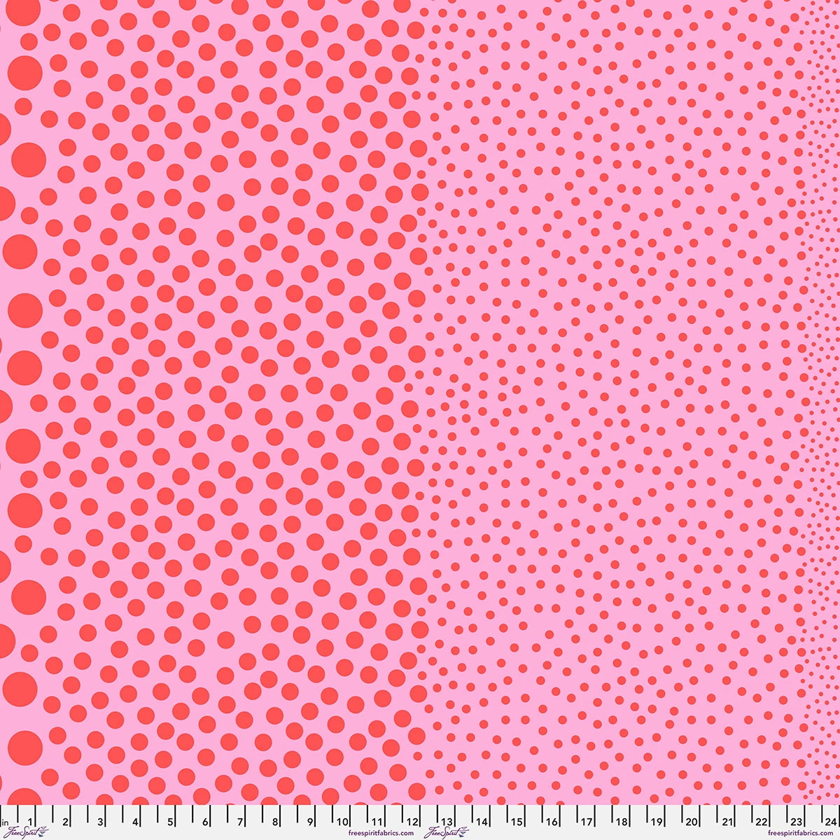 Stones Watermelon by Tula Pink, coral-red dots in varying sizes on a pink background.